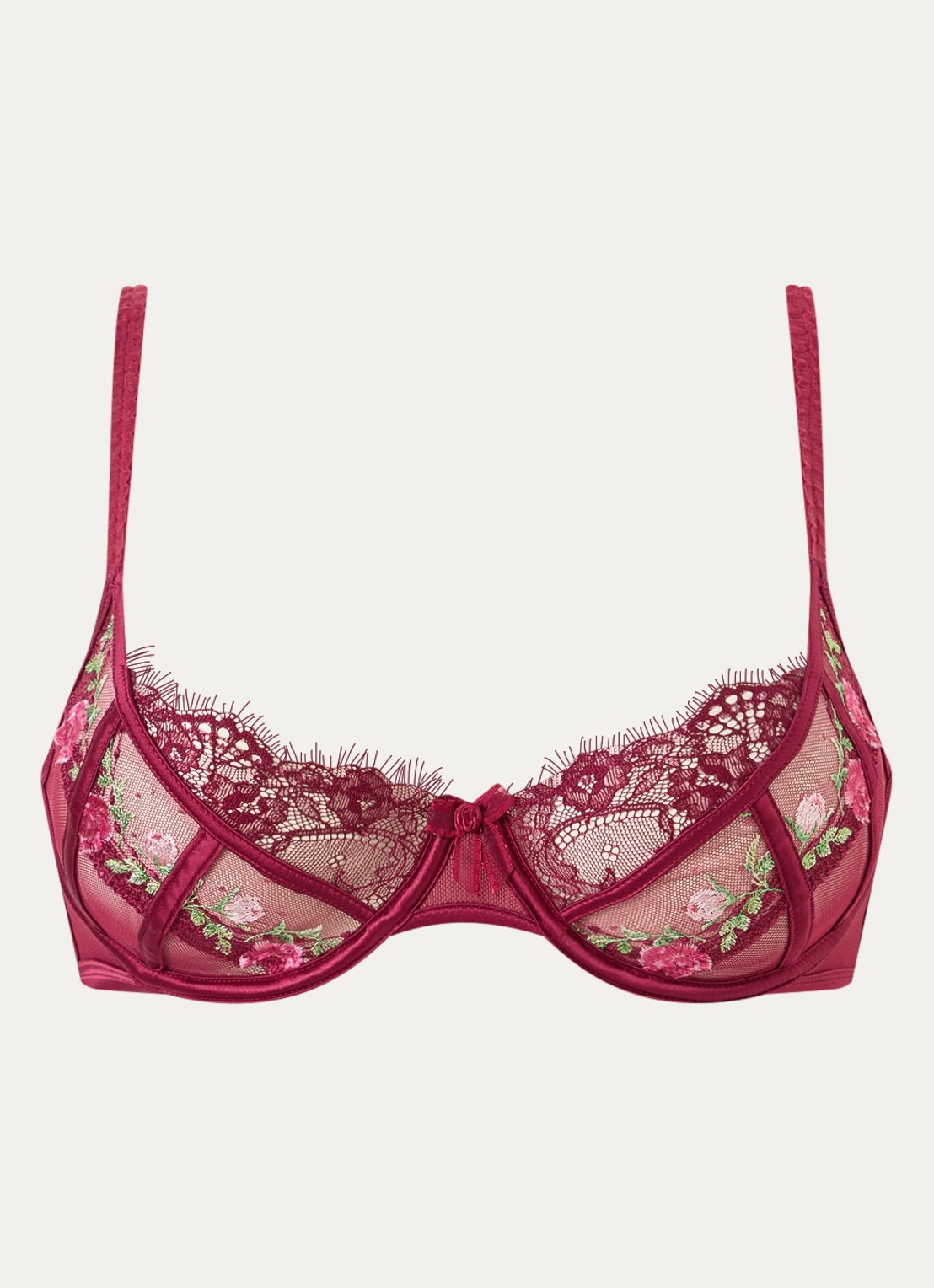 Lounge Dahlia beugel bh van mesh met borduring - voorkant bordeauxrood