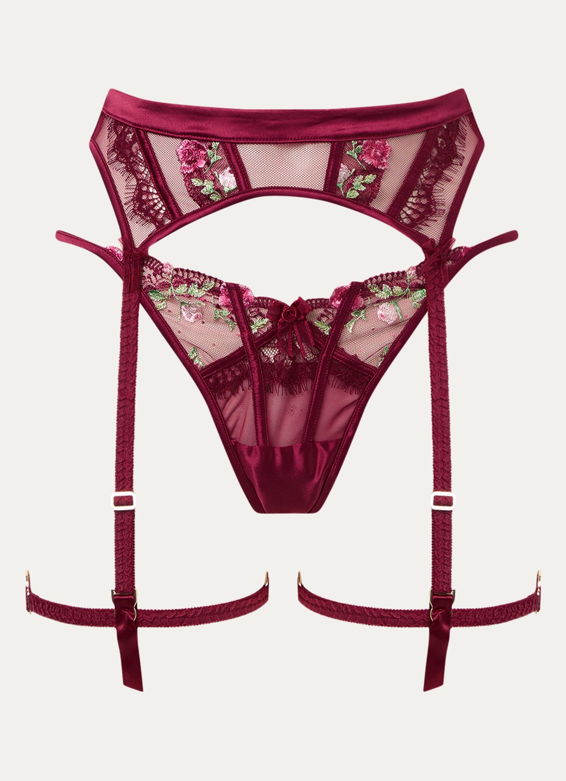 Lounge Dahlia string en jarretels van mesh met details van kant - voorkant 4 bordeauxrood