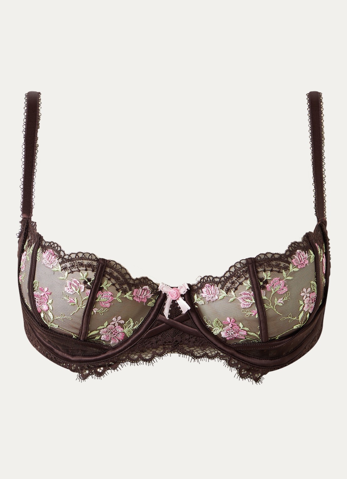 Lounge Felicity balconette bh van mesh met bloemborduring - voorkant donkerbruin