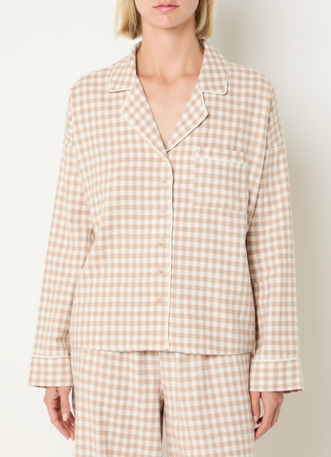 Lounge Gingham pyjamatop met ruitdessin - detail 4 beige