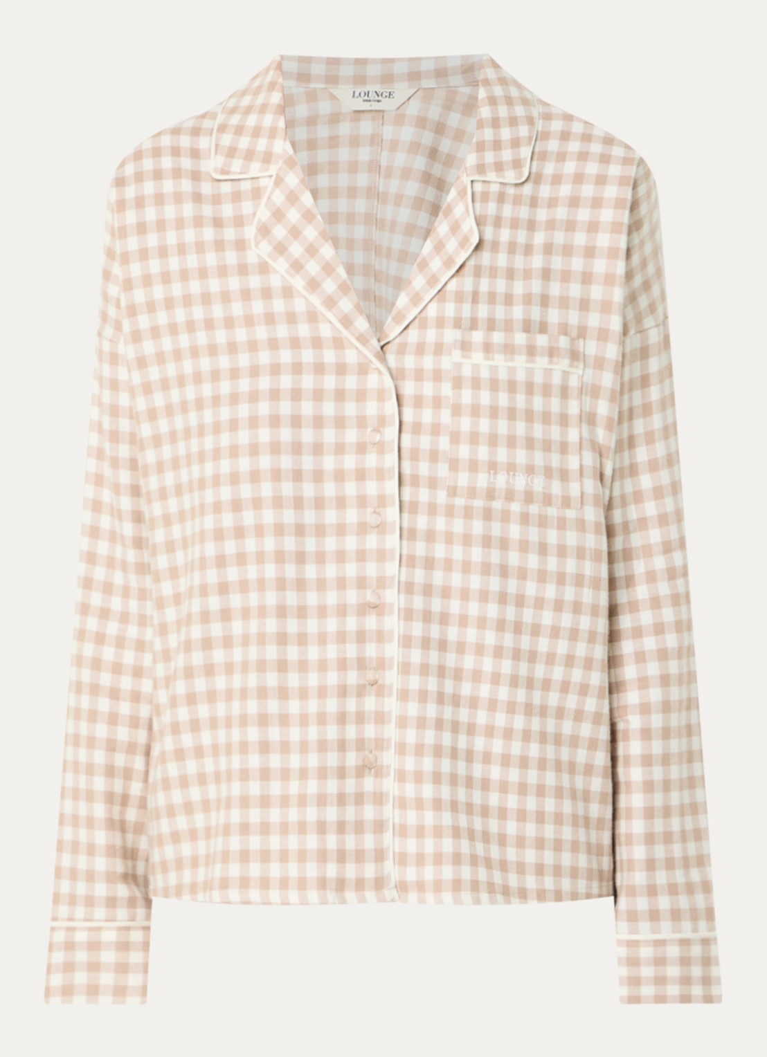 Lounge Gingham pyjamatop met ruitdessin - voorkant beige