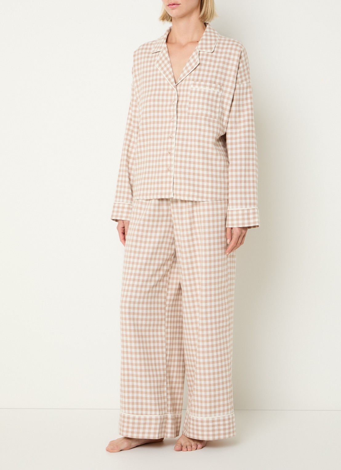Lounge Gingham pyjamatop met ruitdessin - voorkant 2 beige
