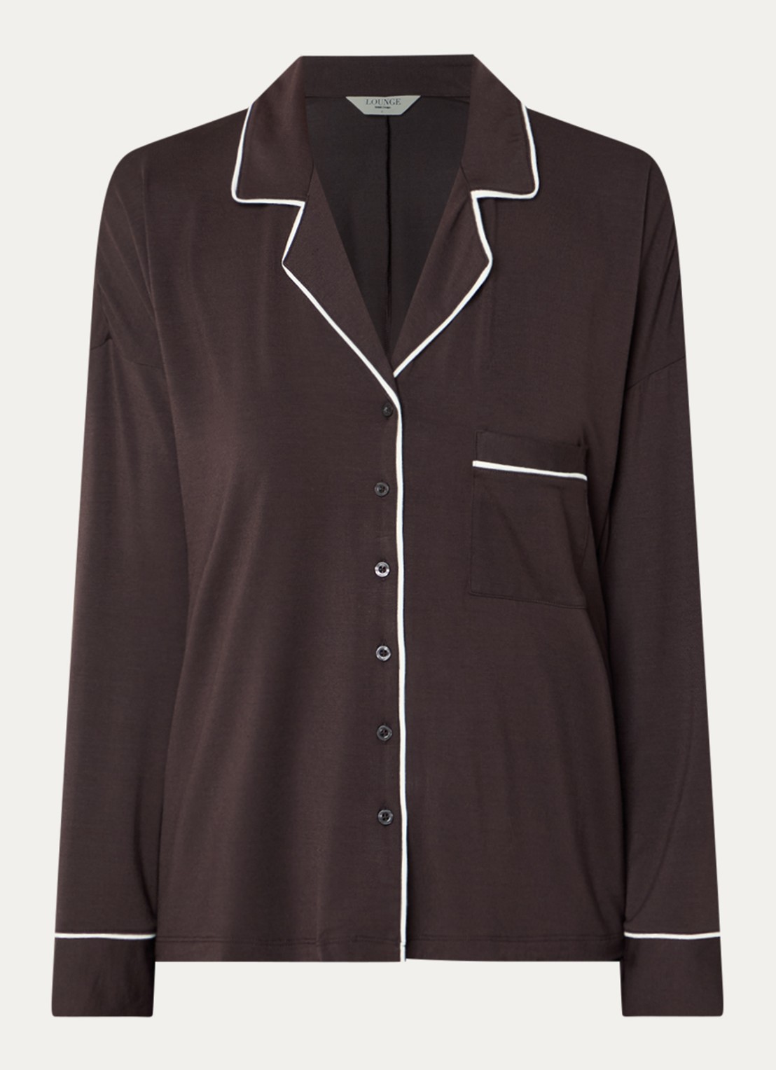 Lounge Pyjamatop met contrasterende bies - voorkant 2 chocoladebruin
