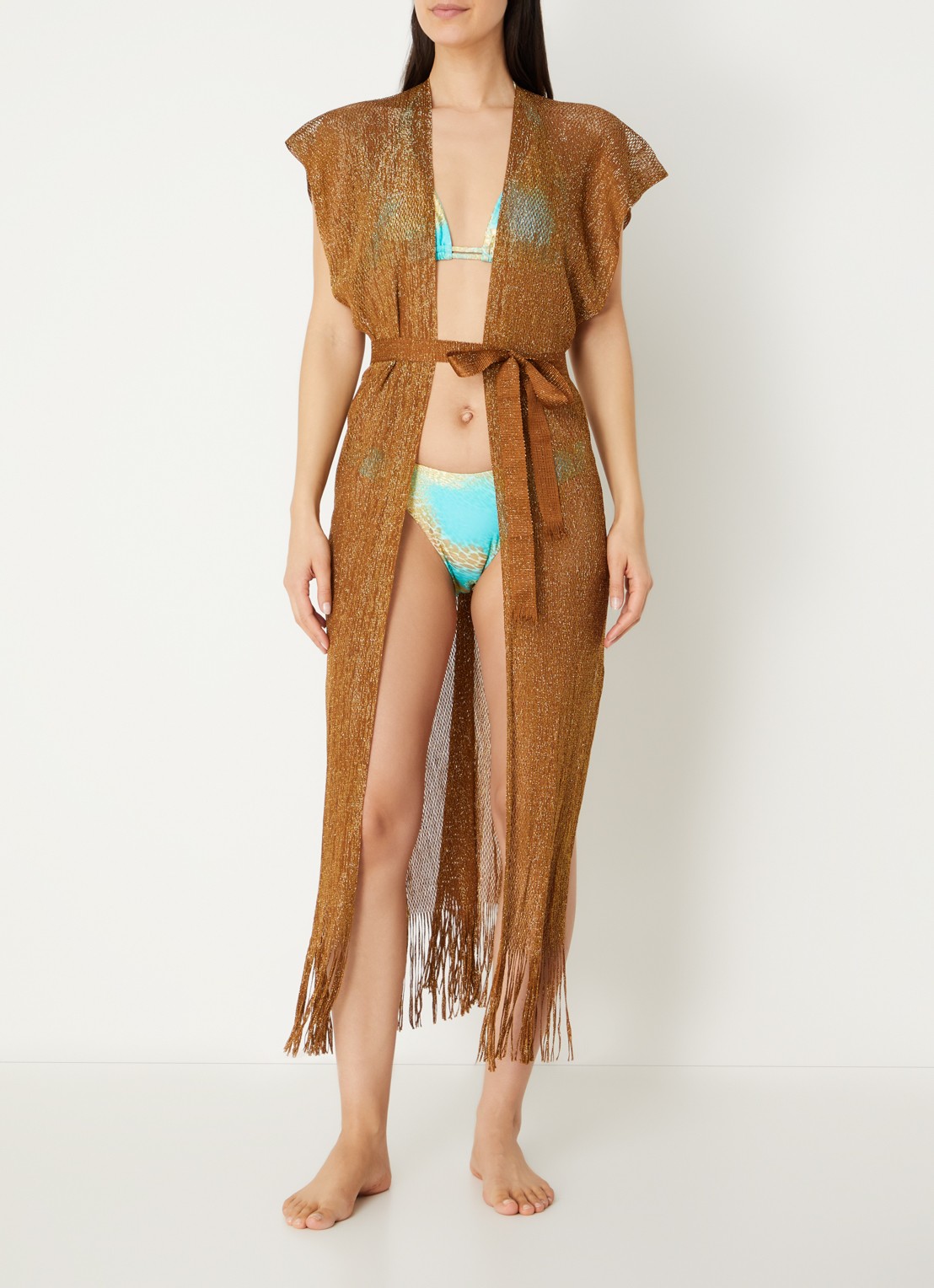 Luli Fama Kaftan met ceintuur en lurex - detail 3 goud