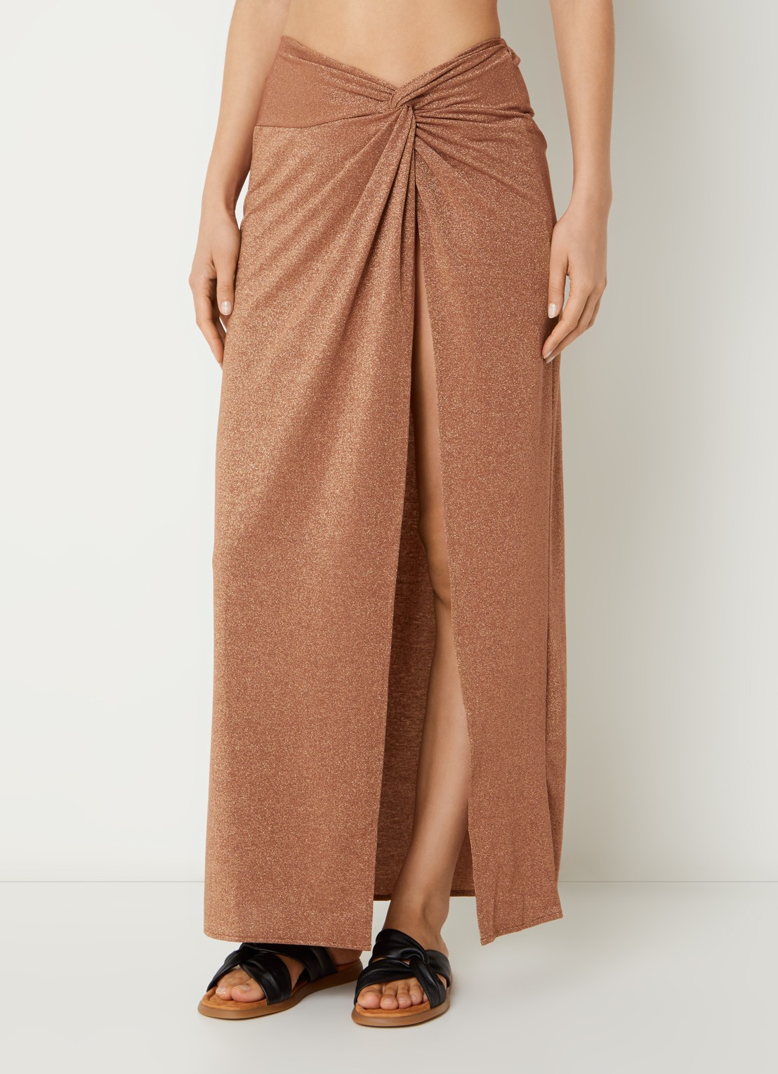 Luli Fama Maxi strandrok met plooidetail en lurex - detail bruin