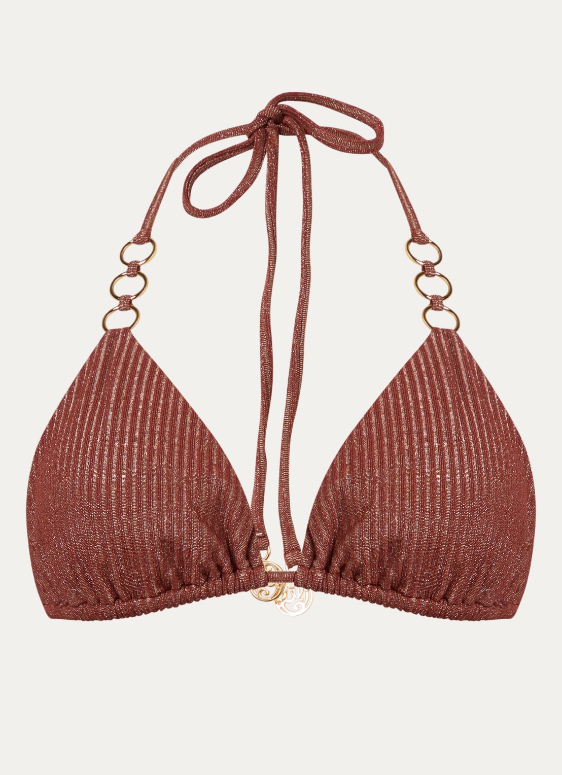 Luli Fama Ring Strap bikinitop met lurex - voorkant 3 roodbruin