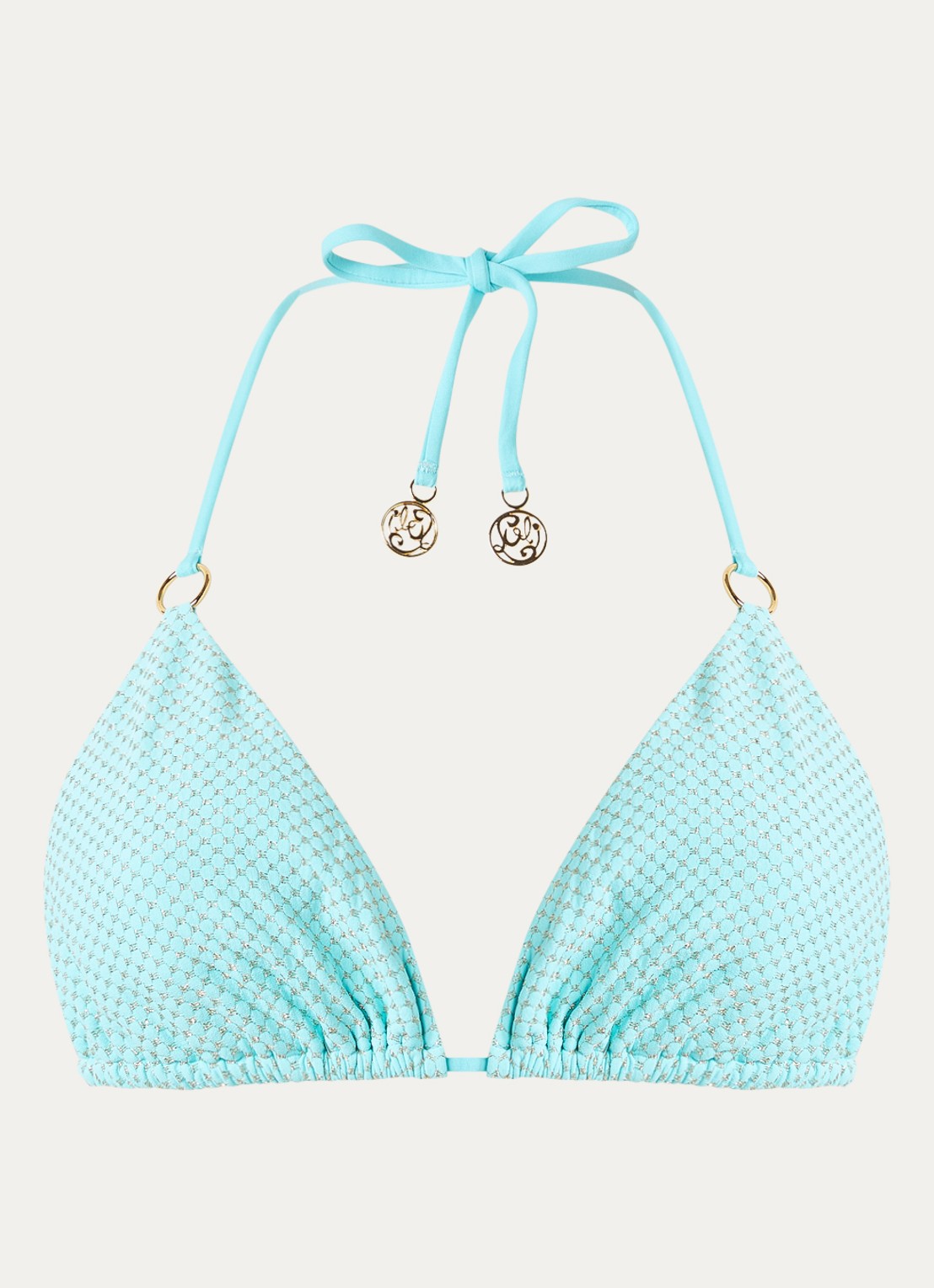Luli Fama Ring triangel bikinitop met print en lurex - voorkant 2 aquablauw