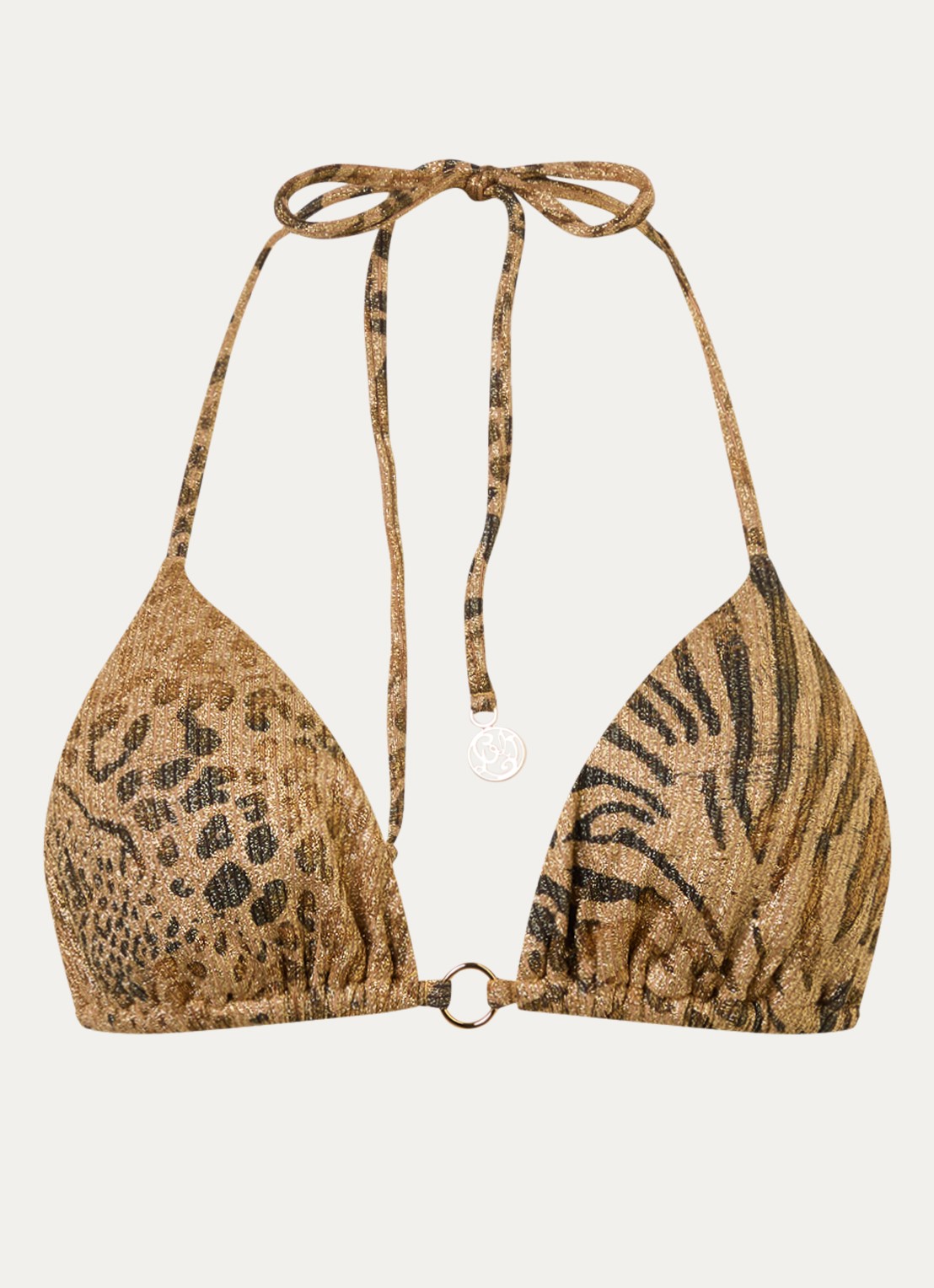 Luli Fama Ring triangel bikinitop met print en lurex - voorkant goud