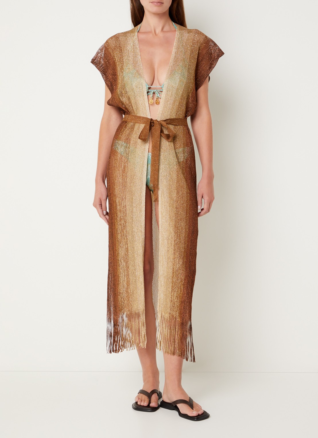 Luli Fama Strandjurk met strikceintuur en opengewerkt dessin - detail 4 beige