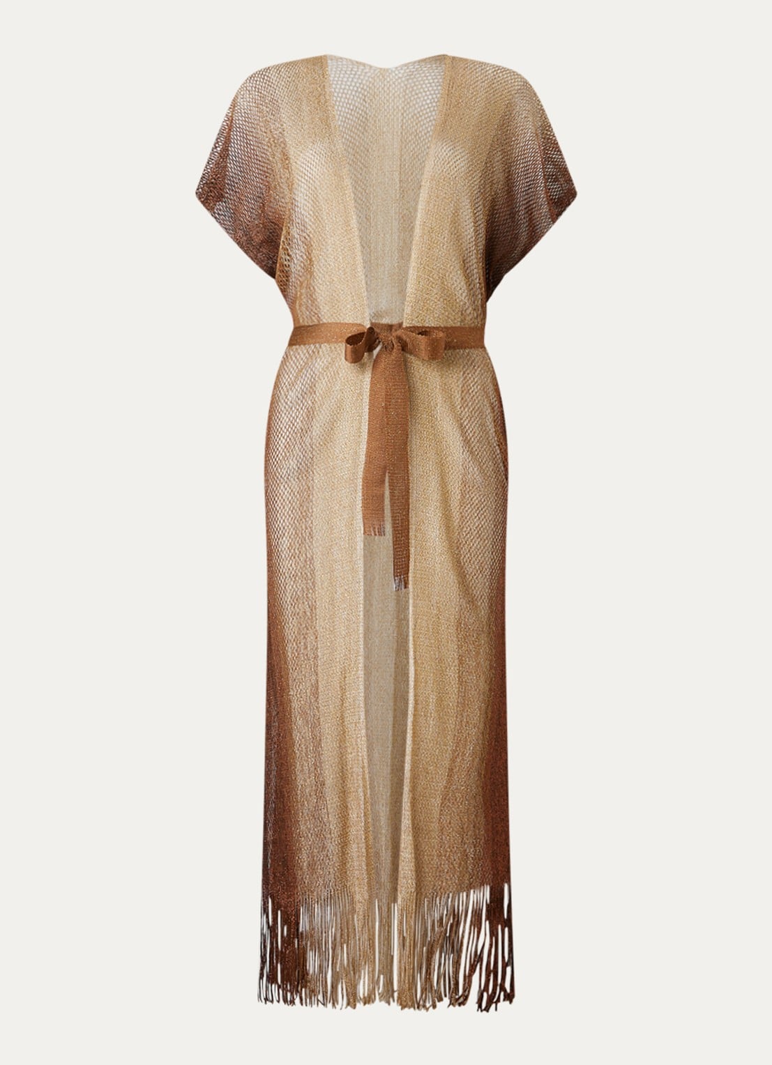 Luli Fama Strandjurk met strikceintuur en opengewerkt dessin - voorkant 2 beige