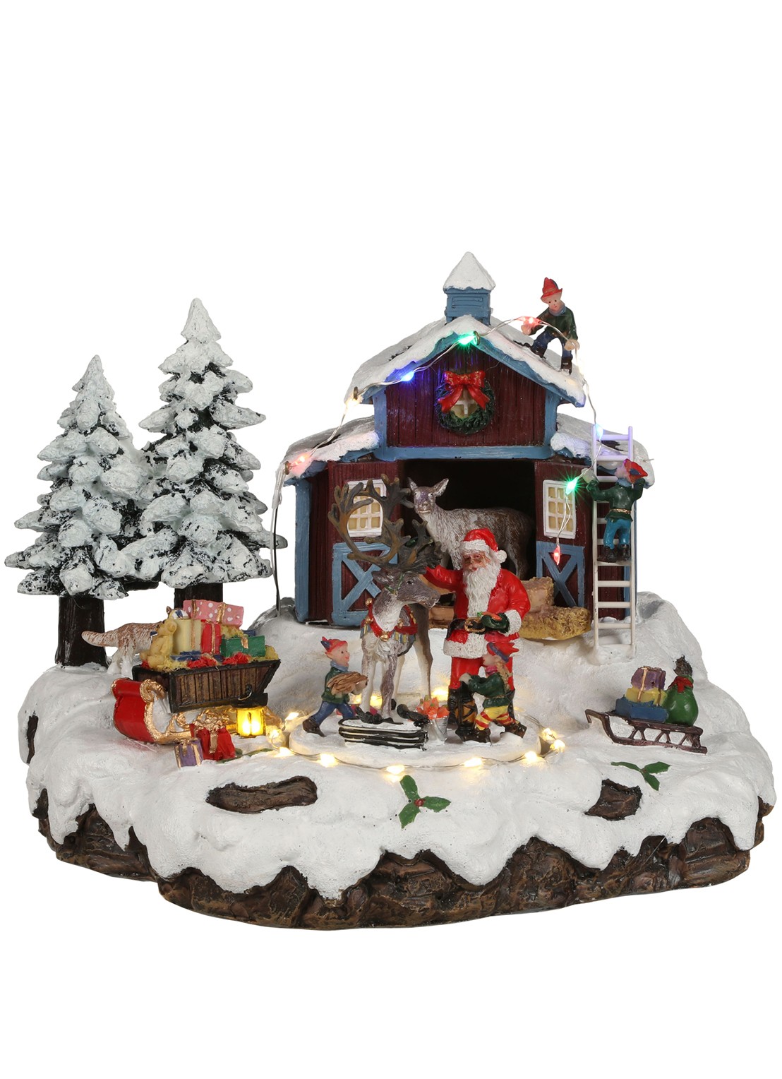 Luville Collectables Kerstman met rendier kerstdorp met verlichting 20 cm - voorkant multicolor