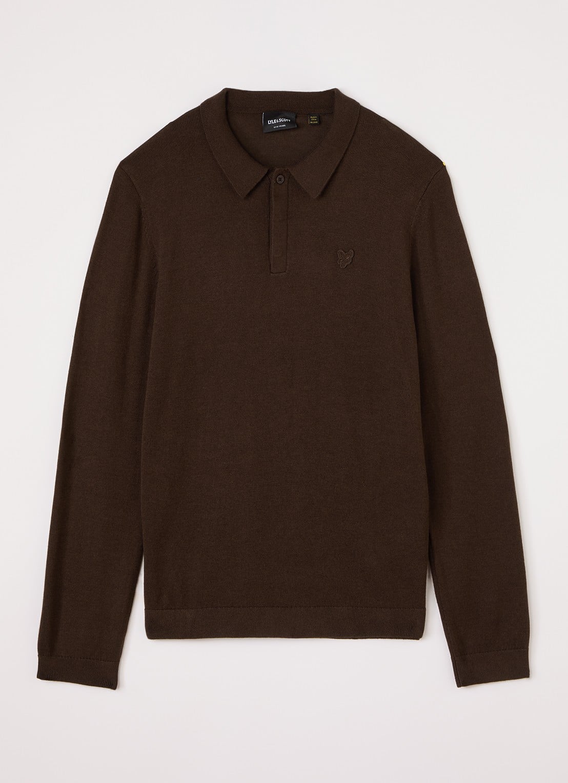 Lyle & Scott Fijngebreide polo met logo - voorkant 2 donkerbruin
