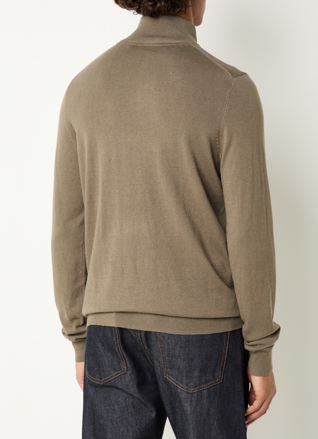 Lyle & Scott Fijngebreide pullover in merino wolblend met halve rits - achterkant 3 donkerkhaki