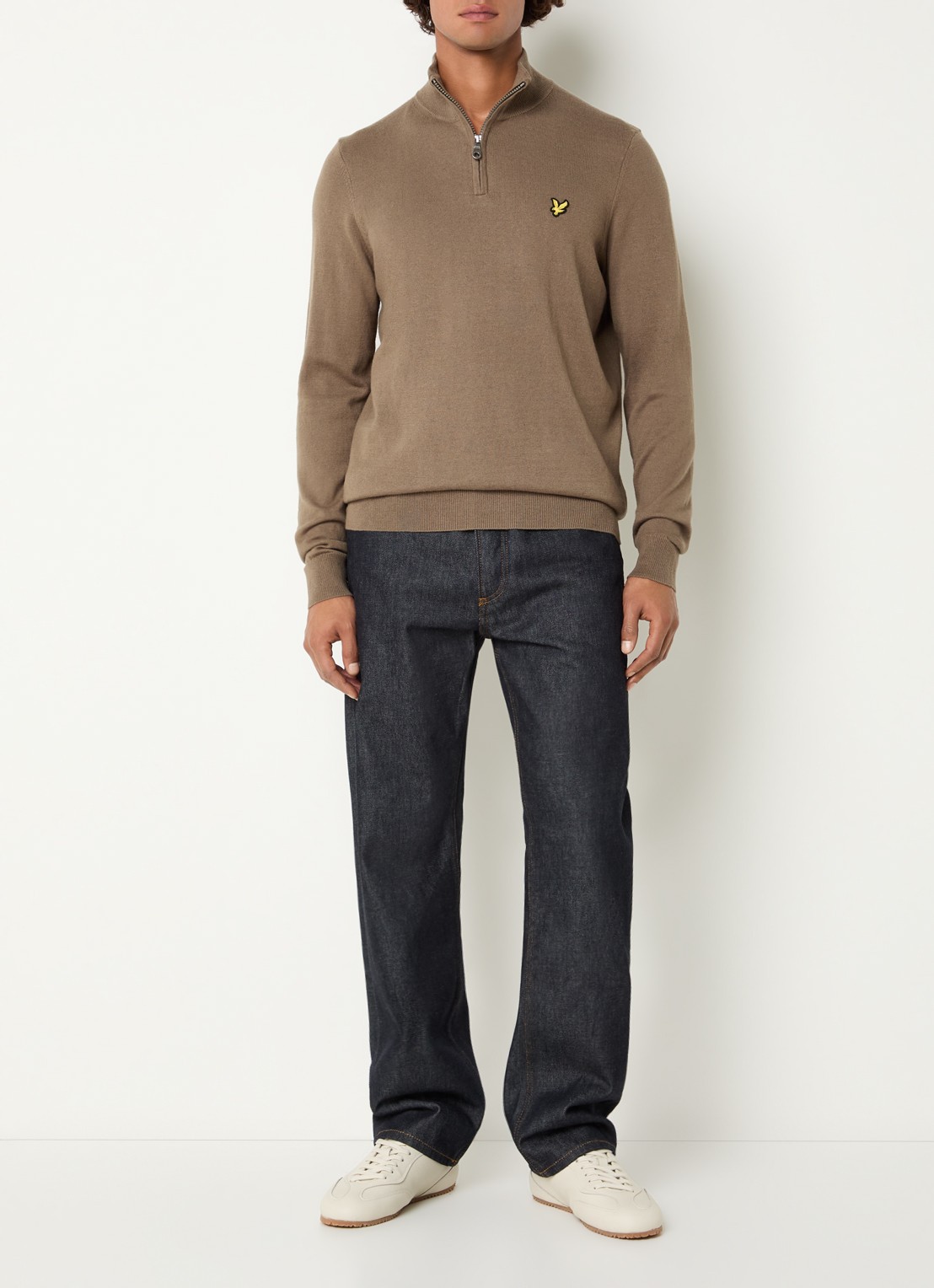 Lyle & Scott Fijngebreide pullover in merino wolblend met halve rits - voorkant 2 donkerkhaki
