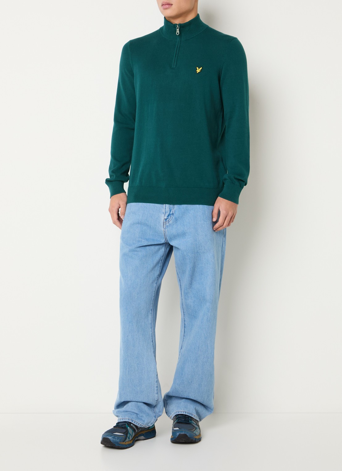 Lyle & Scott Fijngebreide pullover met halve rits - voorkant 3 zeegroen