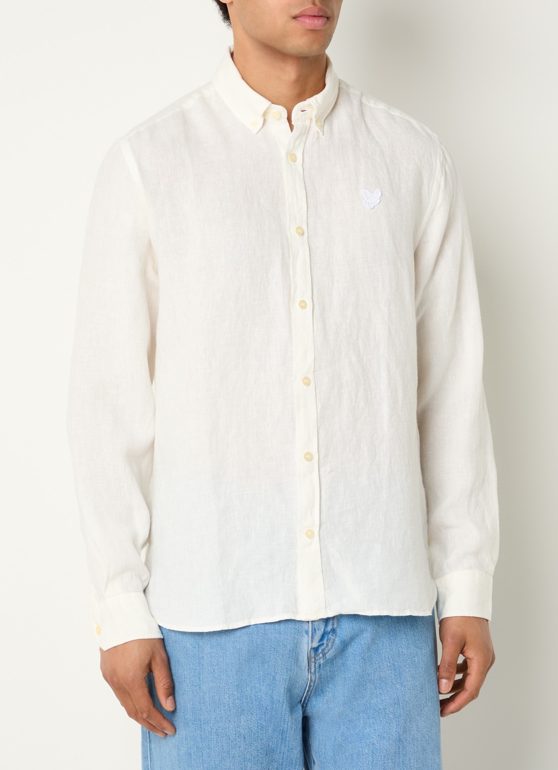 Lyle & Scott Regular fit overhemd in linnenblend met logo - detail 2 gebroken wit