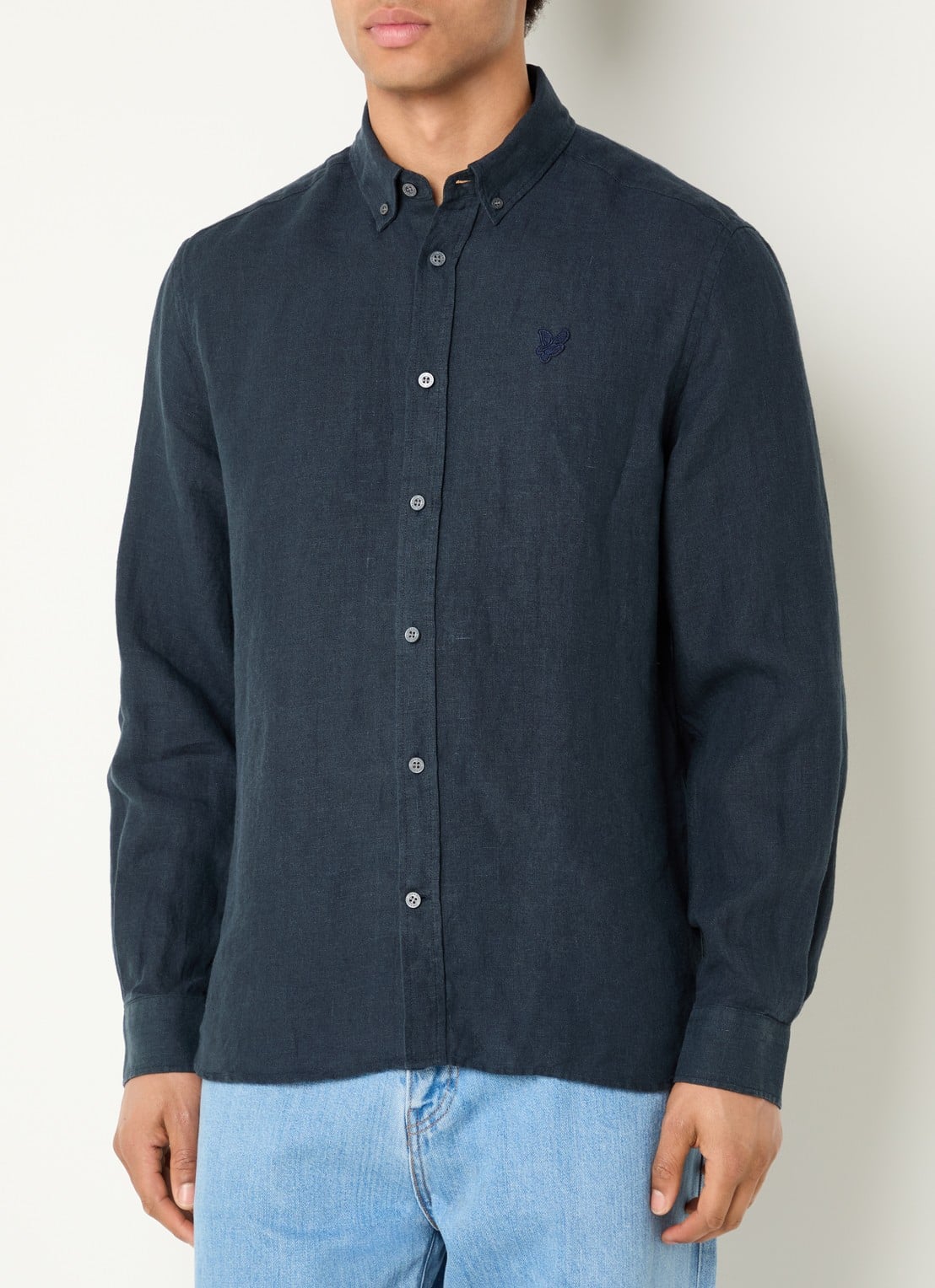 Lyle & Scott Regular fit overhemd in linnenblend met logo - detail 4 donkerblauw