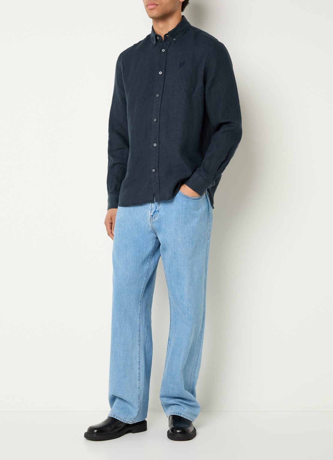 Lyle & Scott Regular fit overhemd in linnenblend met logo - voorkant 3 donkerblauw