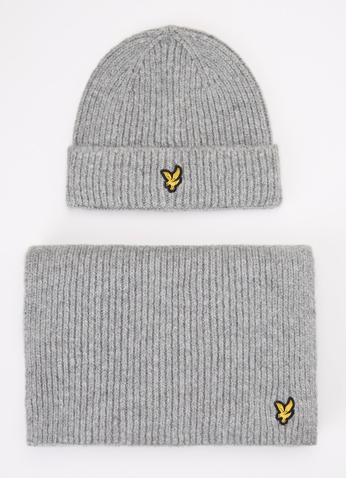 Lyle & Scott Ribgebreide muts en sjaal 180 x 33 cm in giftbox - voorkant 3 grijsmele