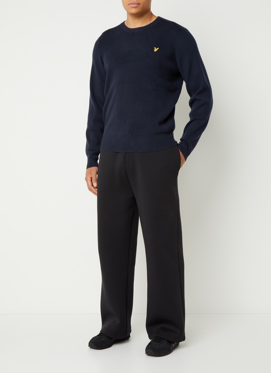 Lyle & Scott Ribgebreide pullover met logo - voorkant 4 donkerblauw