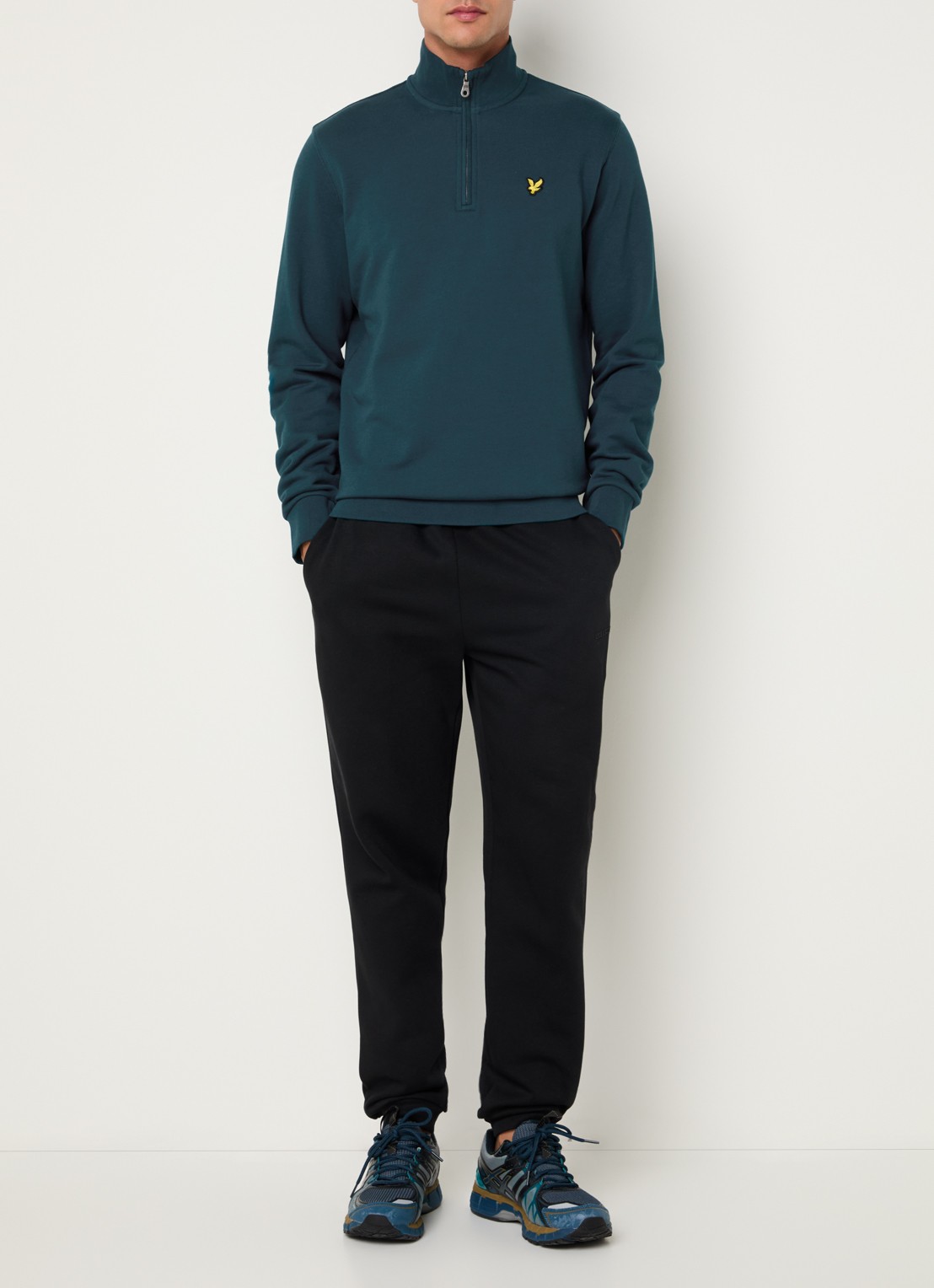 Lyle & Scott Sweater met halve rits en logoborduring - voorkant 4 petrol