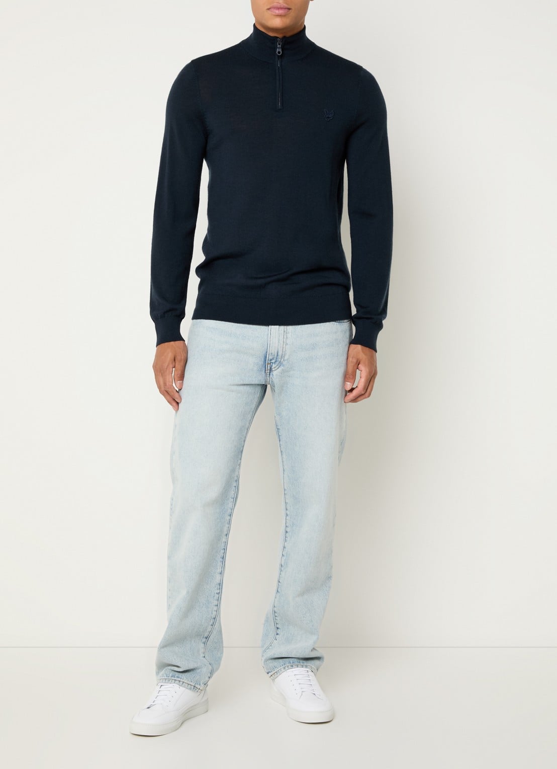 Lyle & Scott Tonal fijngebreide pullover van wol met halve rits - voorkant 2 donkerblauw