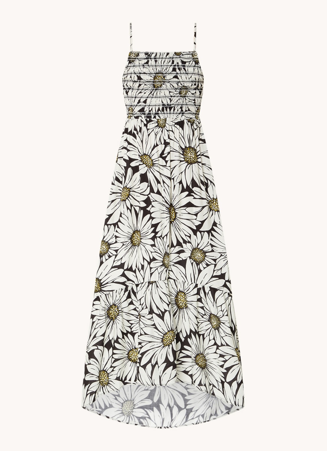 MAAJI Lia maxi strandjurk met bloemenprint en smockwerk - voorkant 3 zwart