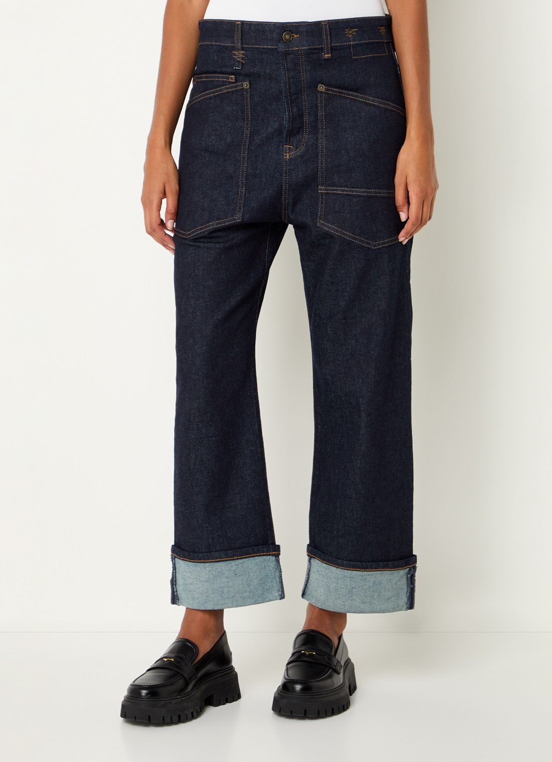 MAC Jeans Baggy mid waist straight leg cropped jeans met opgestikte zakken - detail indigo