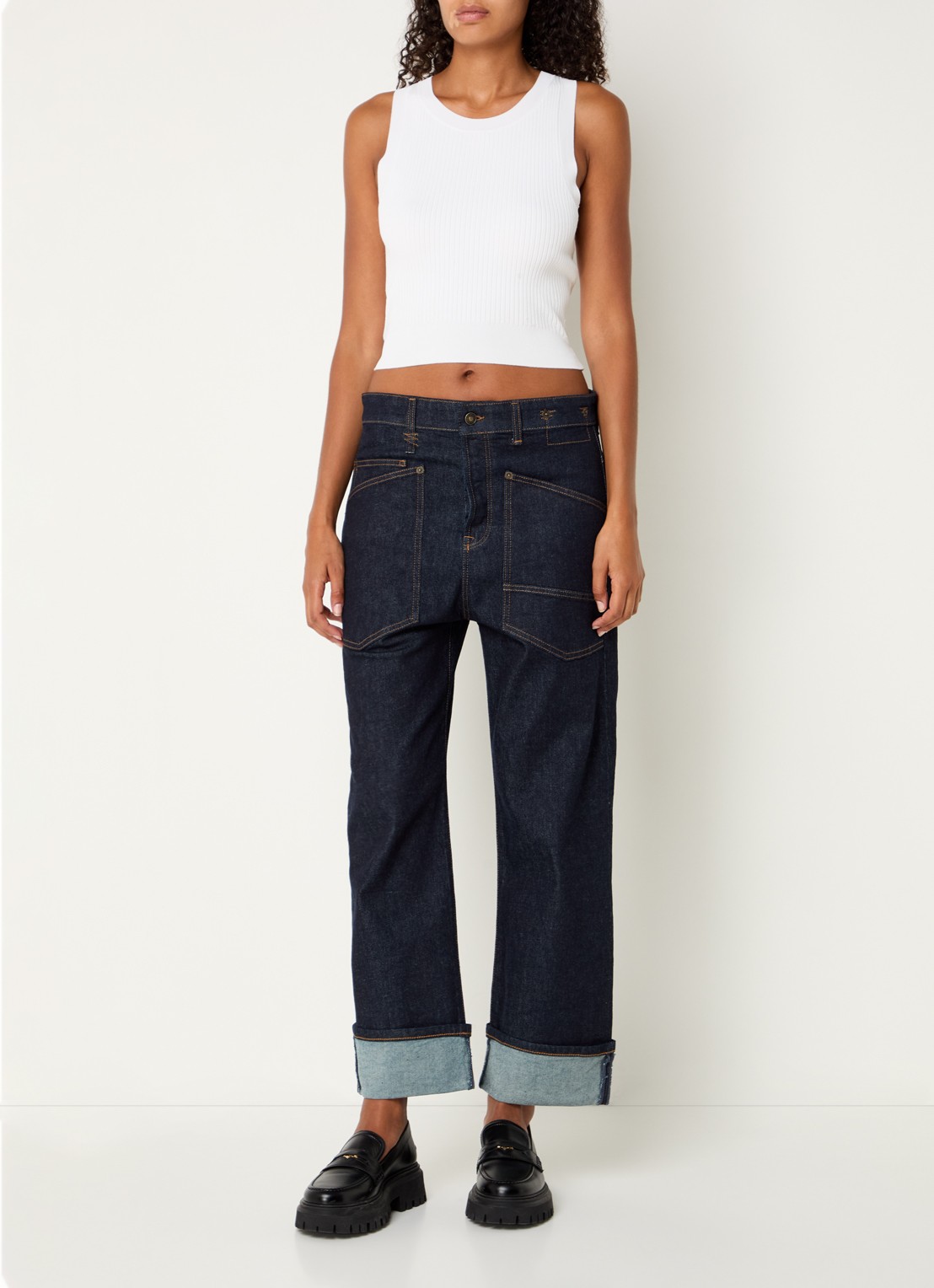 MAC Jeans Baggy mid waist straight leg cropped jeans met opgestikte zakken - voorkant 8 indigo