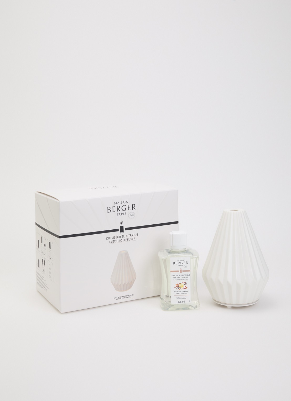 Maison Berger Cône elektrische parfumdiffuser met Amber Powder navulling 475 ml - voorkant 2 wit