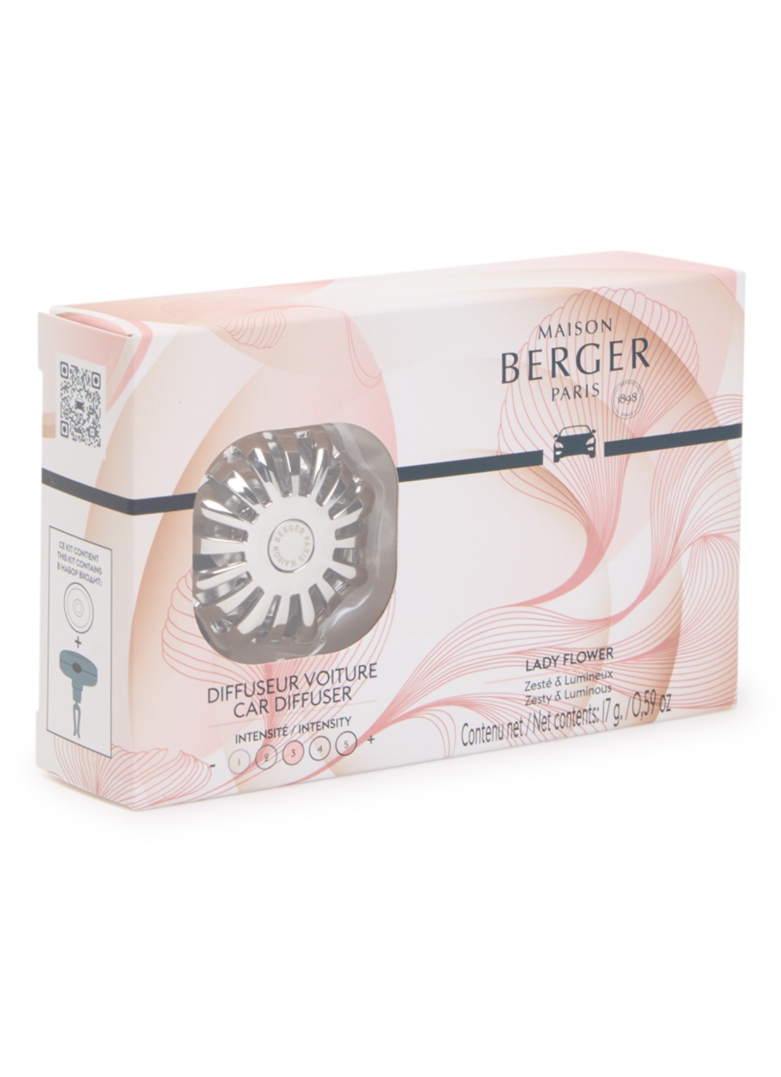 Maison Berger Lady Flower autoparfum houder met navulling  - voorkant zilver