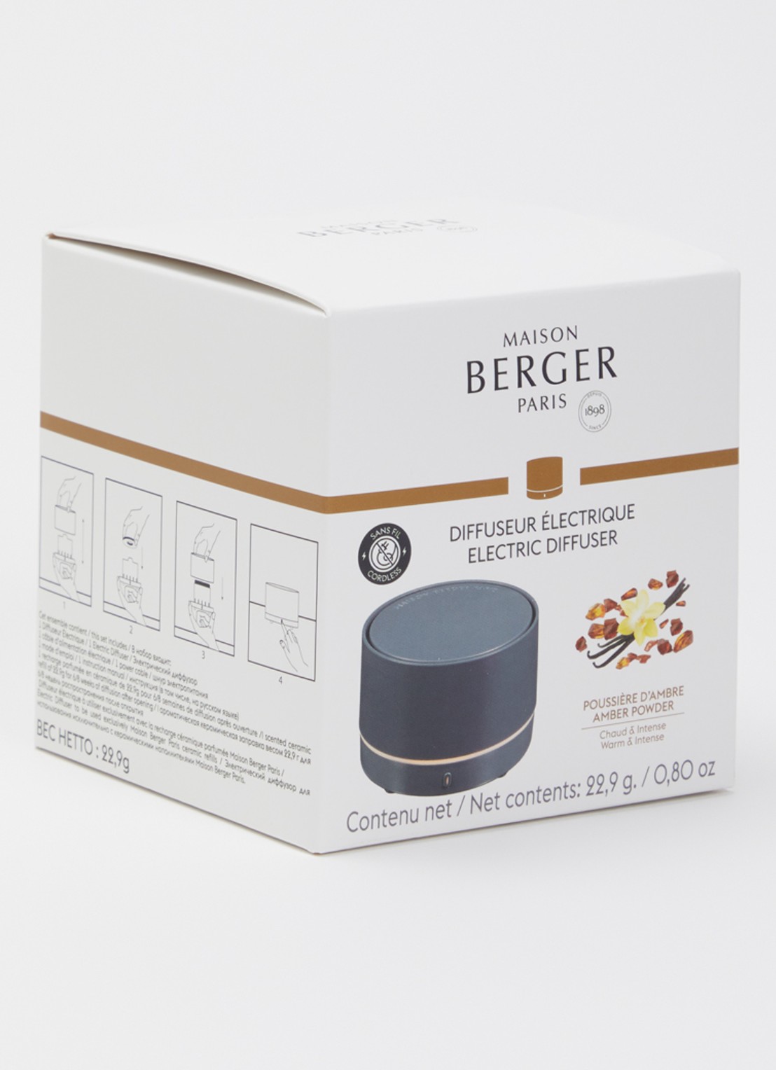 Maison Berger Nomad elektrische parfumdiffuser met Amber Powder navulling - voorkant 2 donkergrijs