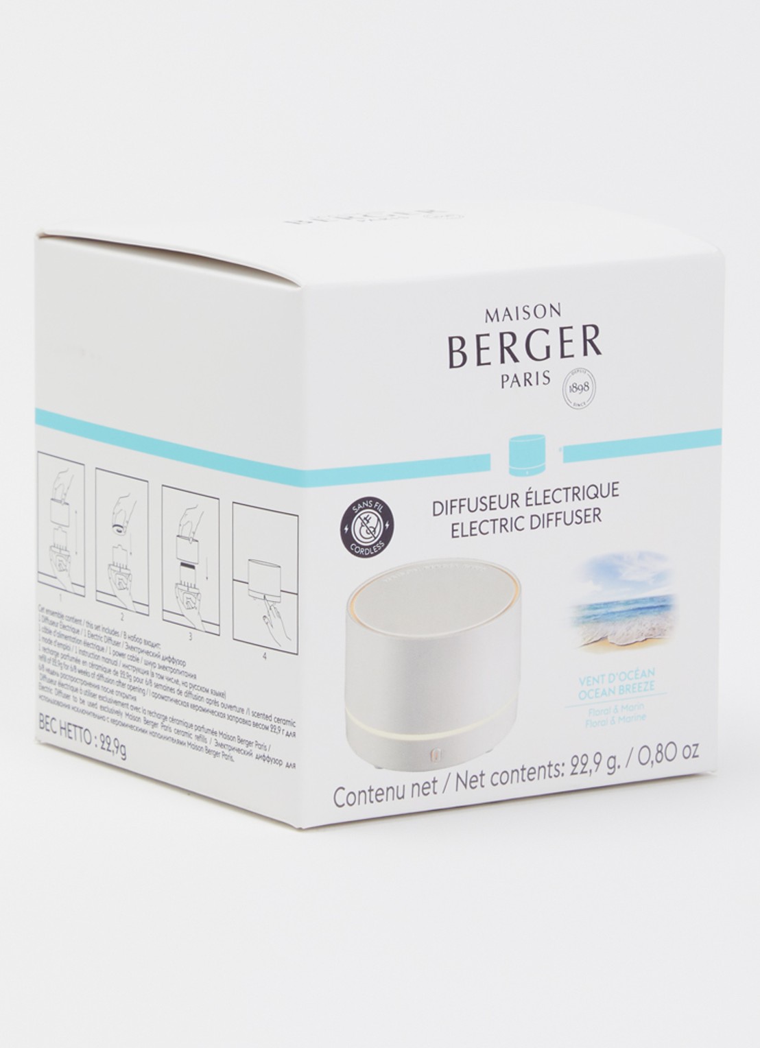 Maison Berger Nomad elektrische parfumdiffuser met Ocean Breeze navulling - voorkant 2 wit