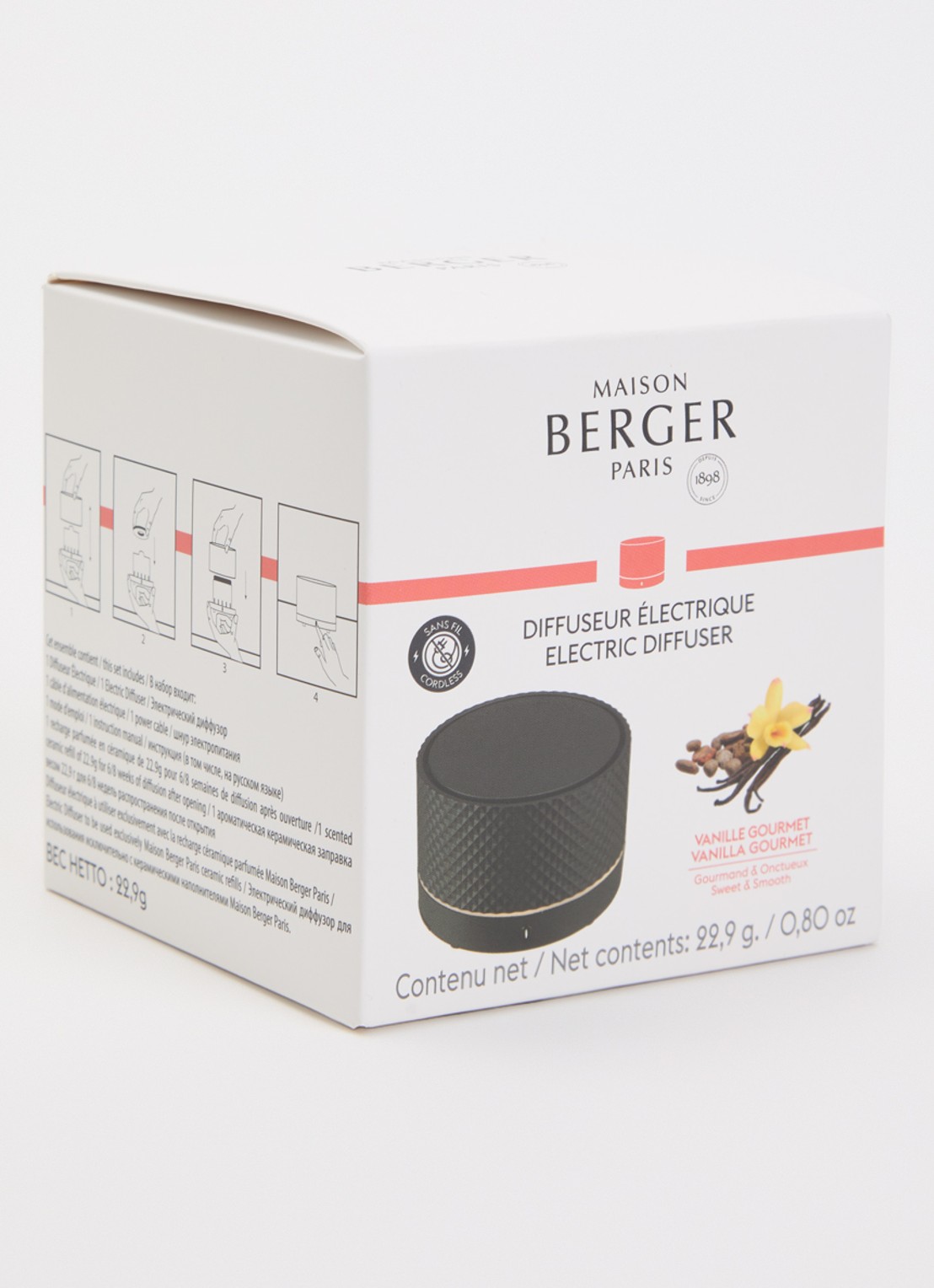 Maison Berger Nomad elektrische parfumdiffuser met Vanilla Gourmet navulling - voorkant 2 zwart