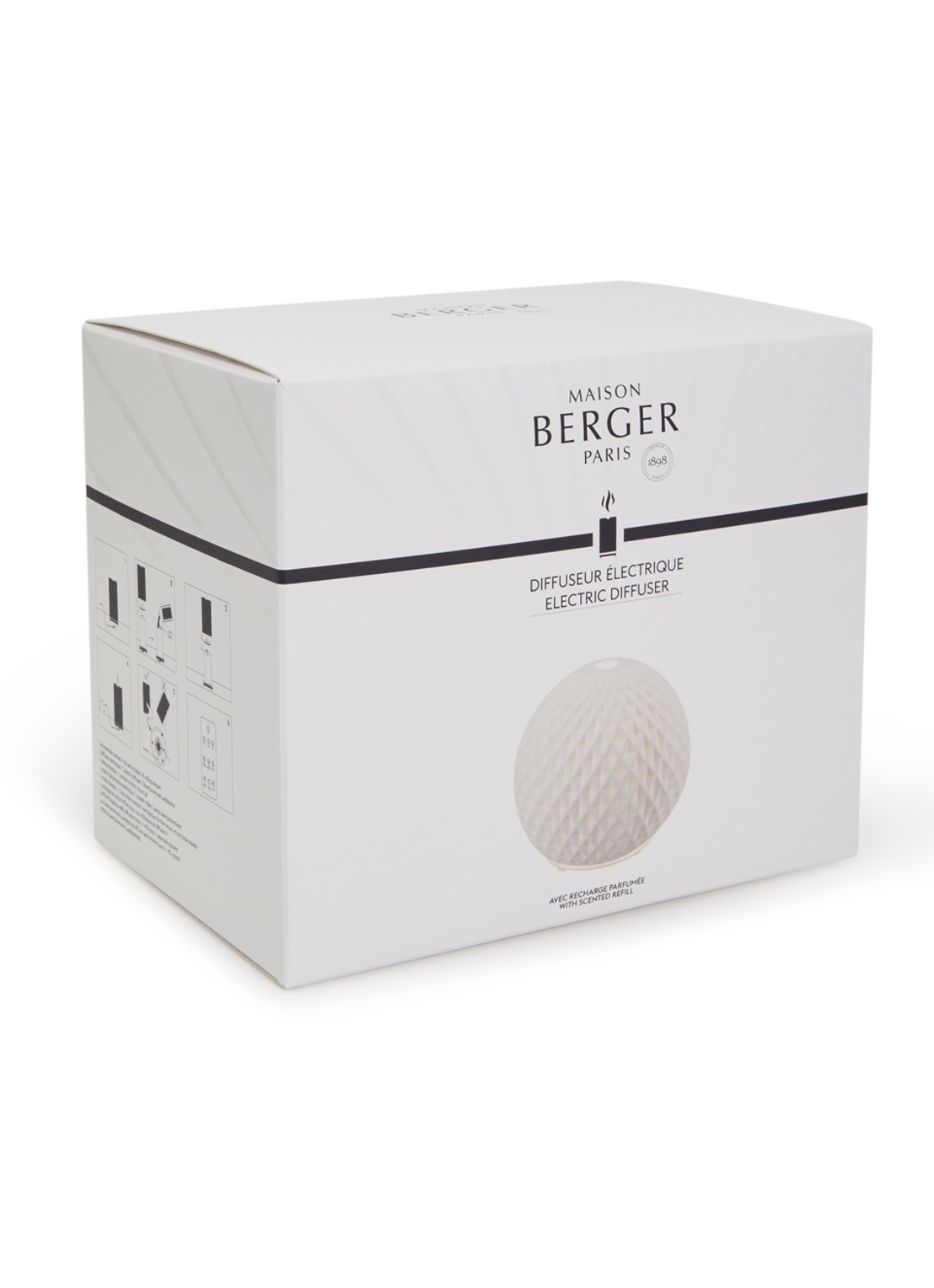 Maison Berger Sphère elektrische mistdiffuser met Thé Blanc Pureté navulling 475 ml - voorkant gebroken wit