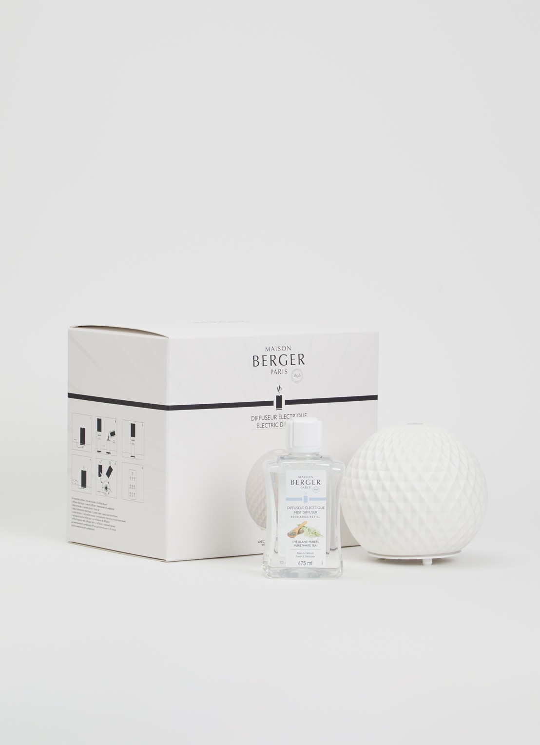 Maison Berger Sphère elektrische mistdiffuser met Thé Blanc Pureté navulling 475 ml - voorkant 2 gebroken wit