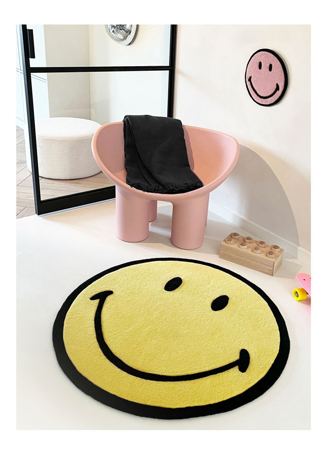 Maison Deux Smiley vloerkleed Ø100 cm - voorkant 2 neongeel