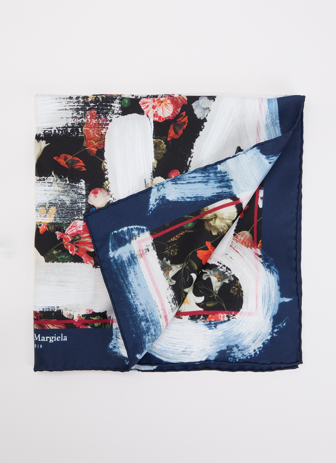 Maison Margiela Flowers sjaal van zijde met print 45 x 45 cm - voorkant donkerblauw