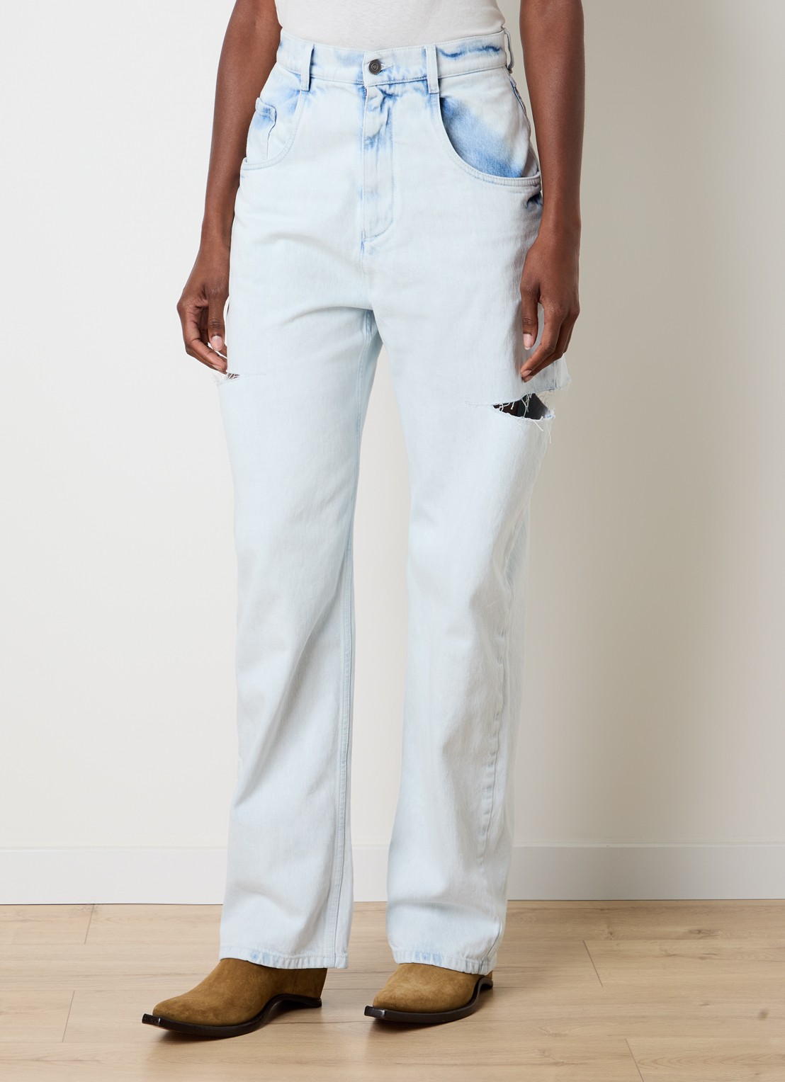 Maison Margiela High waist straight leg jeans met lichte wassing - detail 3 indigo
