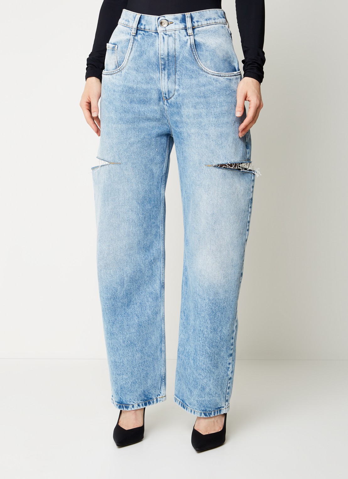 Maison Margiela High waist wide leg jeans met ripped details - detail 4 indigo