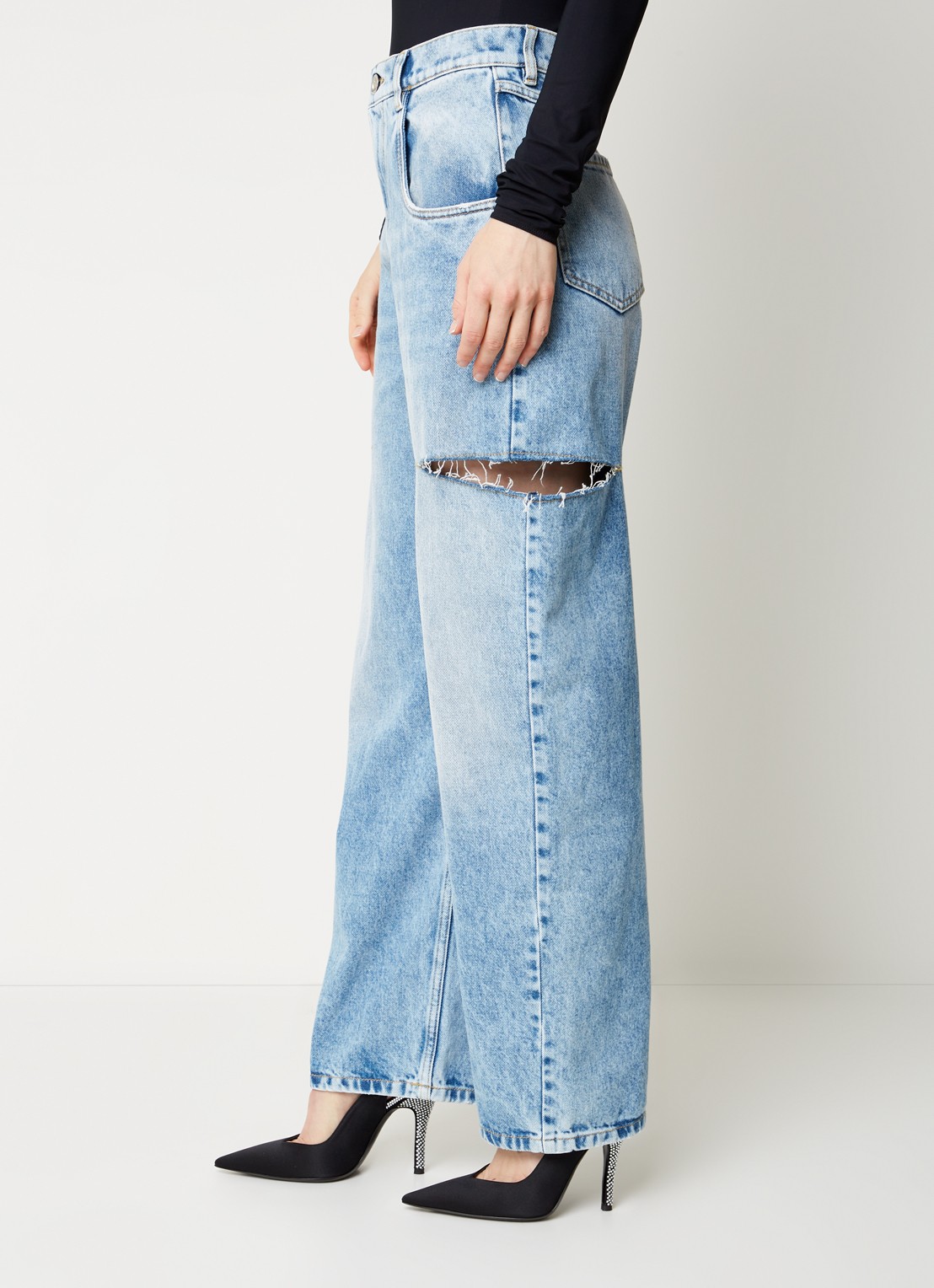 Maison Margiela High waist wide leg jeans met ripped details - detail 5 indigo