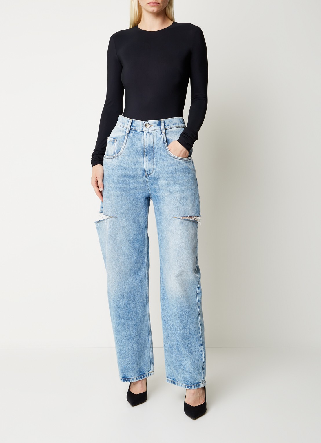 Maison Margiela High waist wide leg jeans met ripped details - voorkant 3 indigo