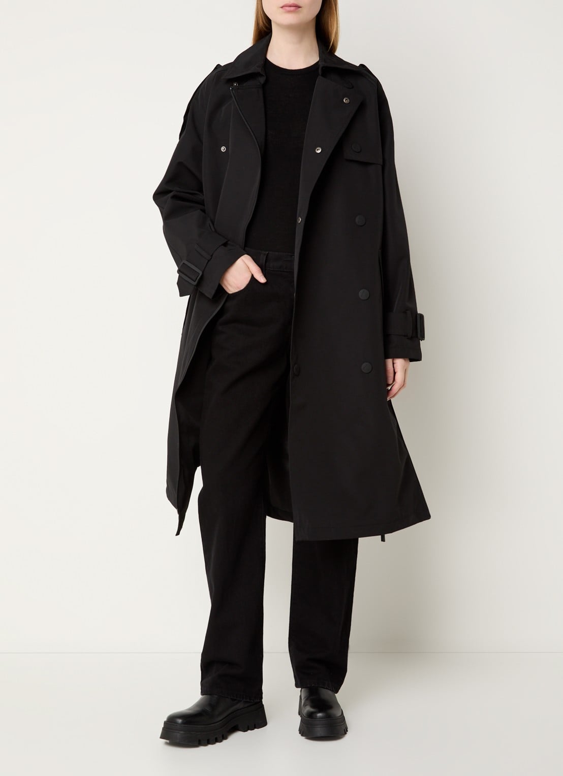 Maium Double-breasted trenchcoat met afneembare capuchon - voorkant 3 zwart