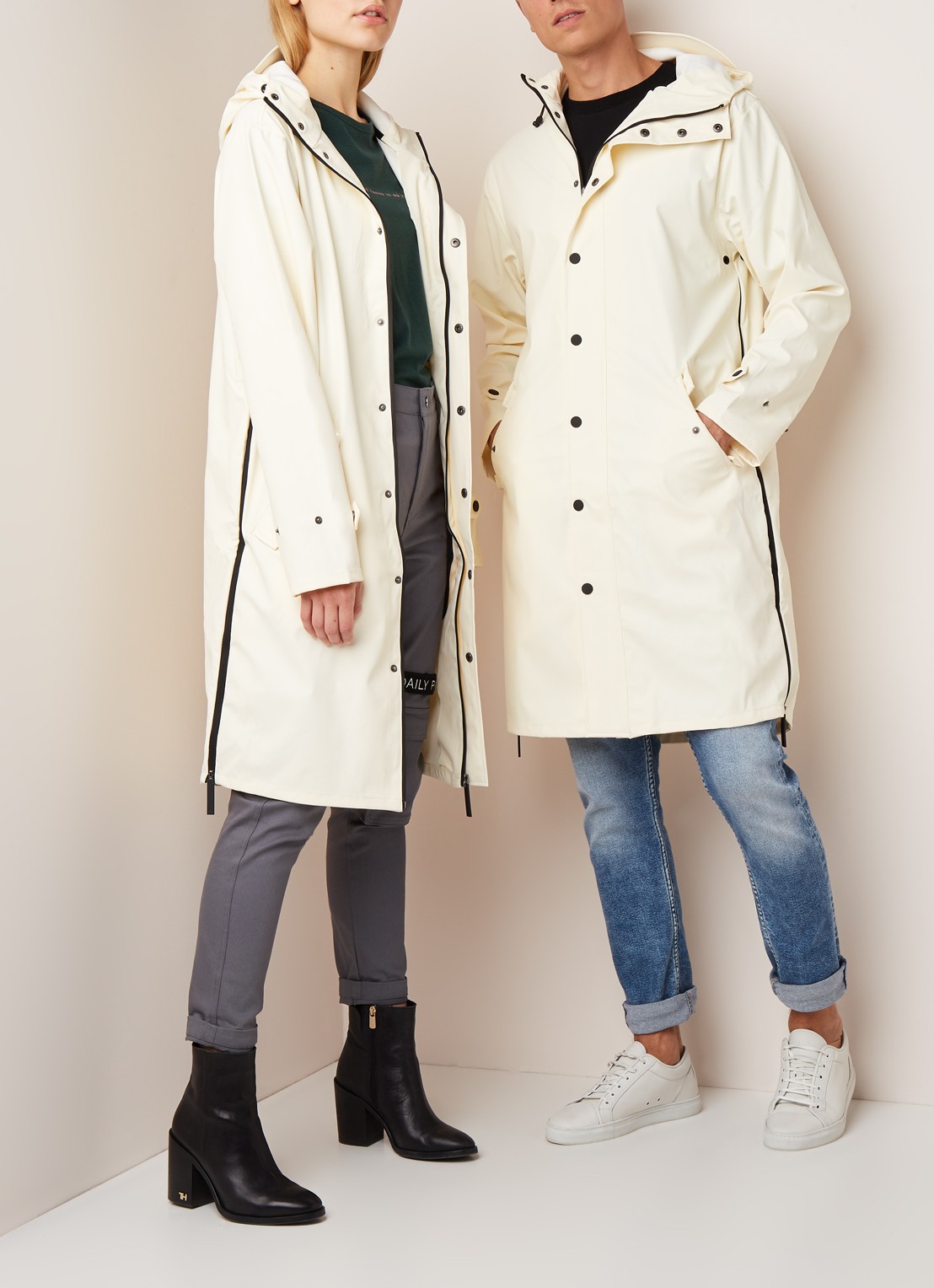Maium Longline regenjas met capuchon - unisex - voorkant 2 gebroken wit