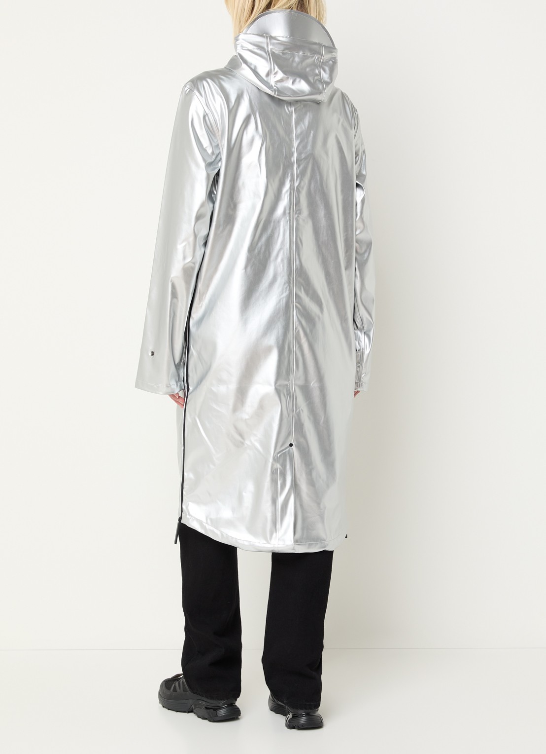 Maium Longline regenjas met capuchon - unisex - achterkant zilver