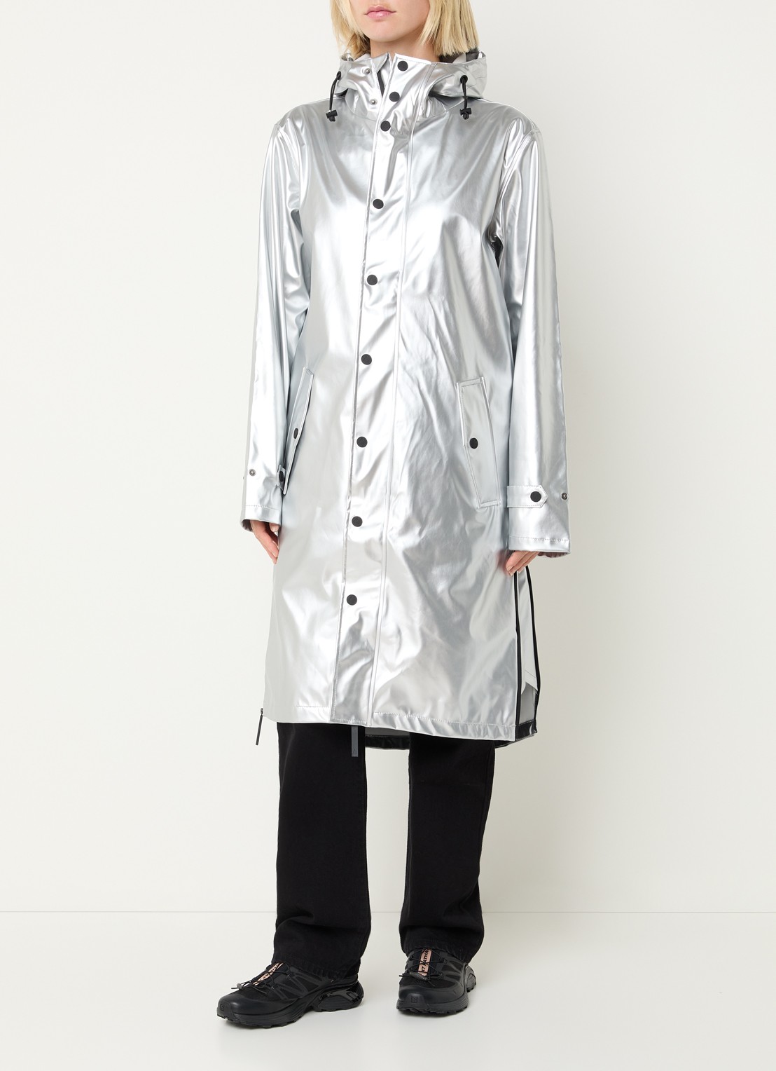 Maium Longline regenjas met capuchon - unisex - detail 2 zilver