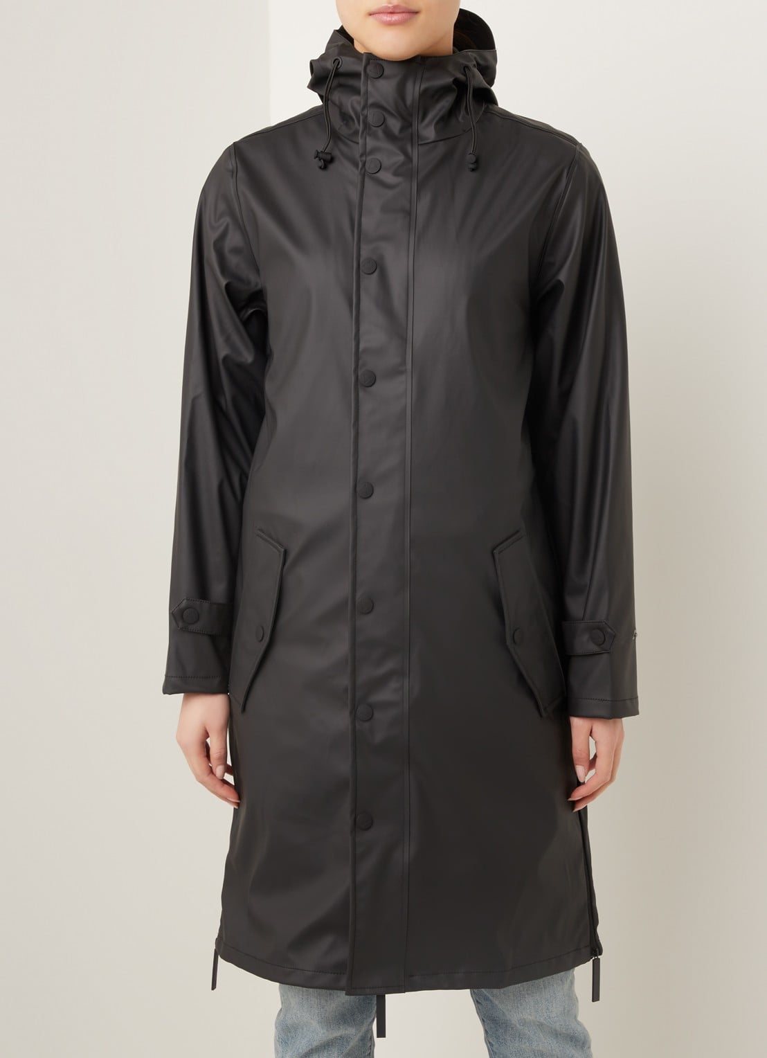 Maium Longline regenjas met capuchon - unisex - detail 4 zwart