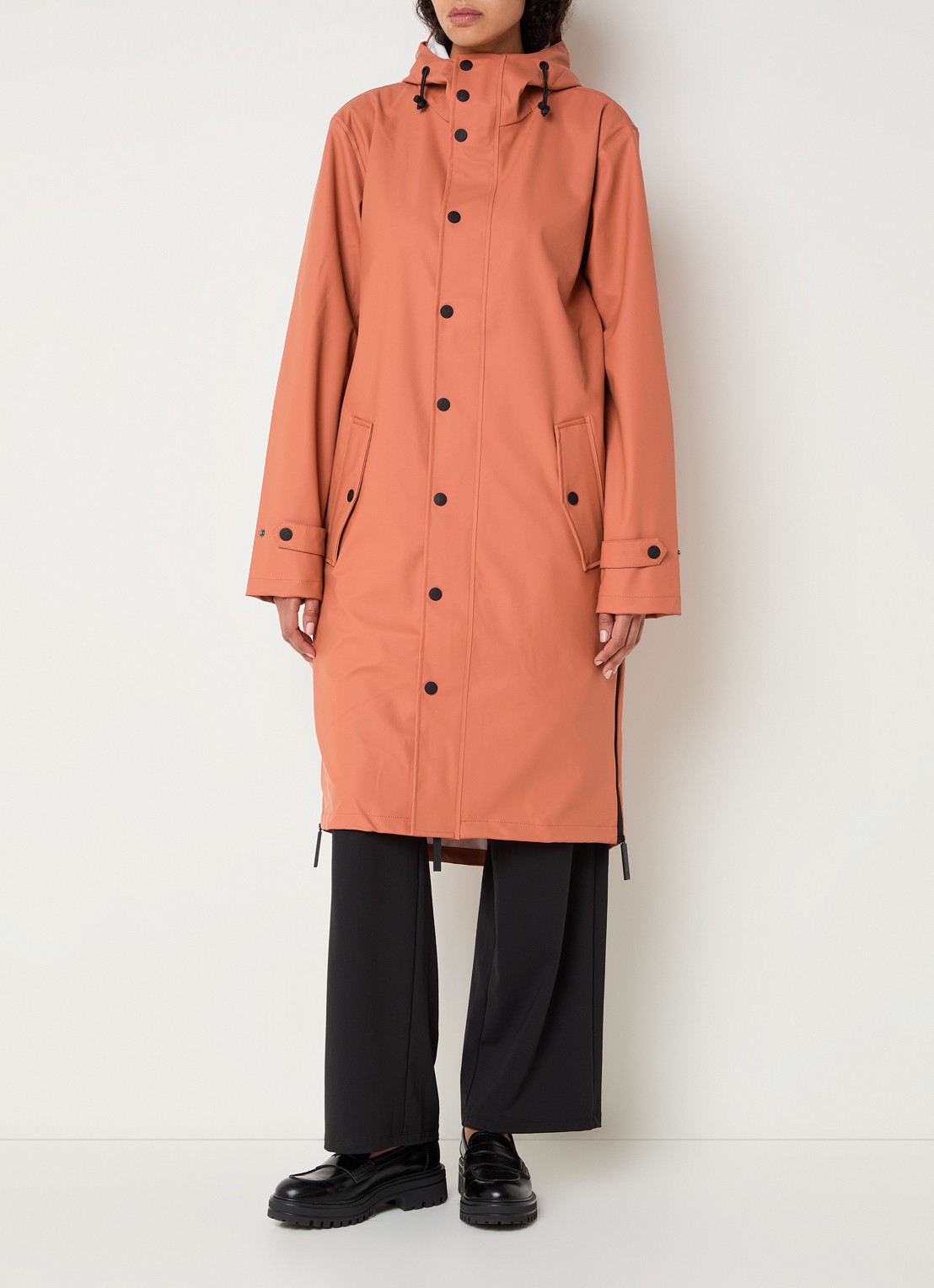 Maium Longline regenjas met capuchon - unisex - detail 4 koraalroze