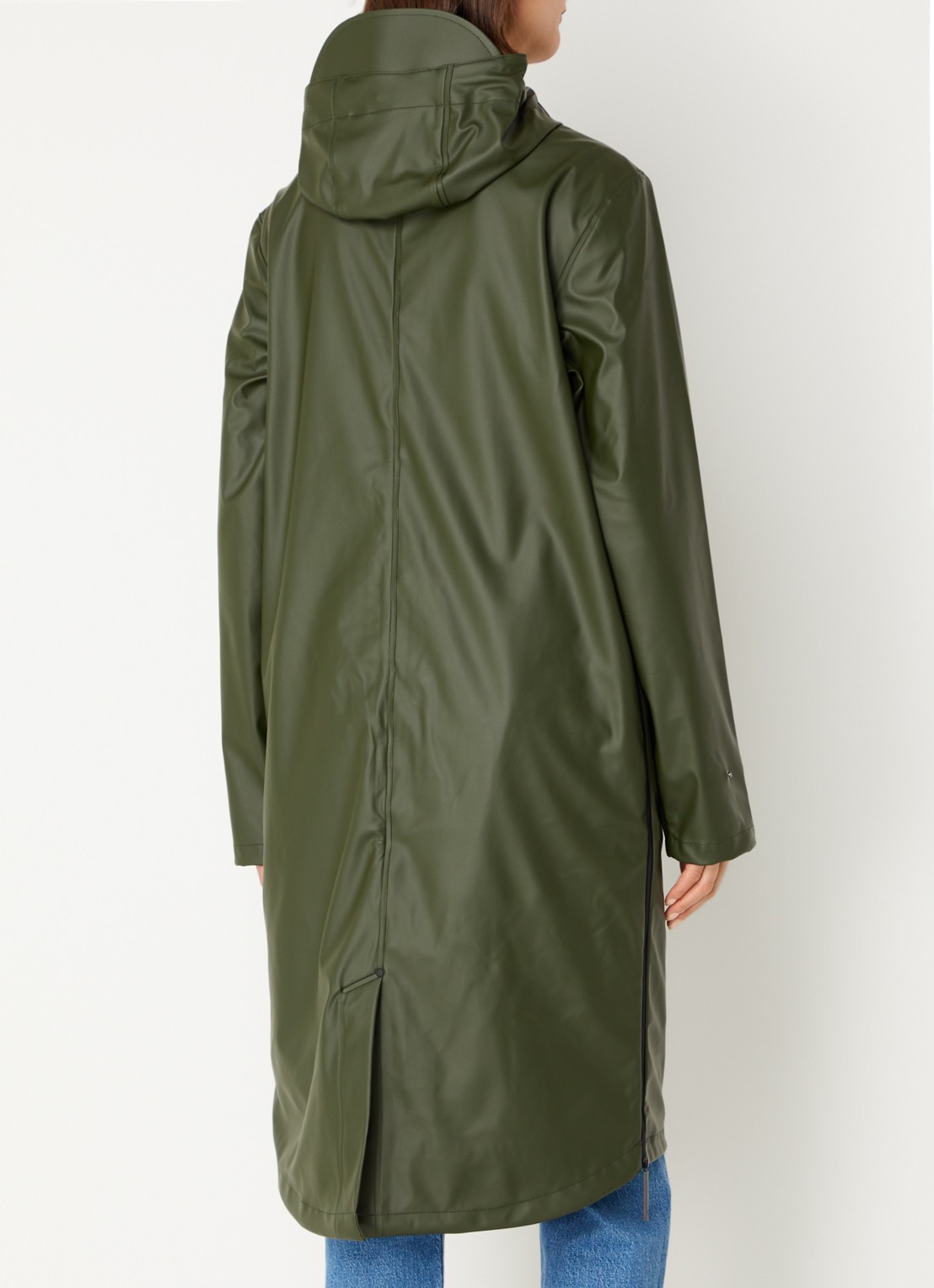 Maium Longline regenjas met capuchon - unisex - achterkant legergroen