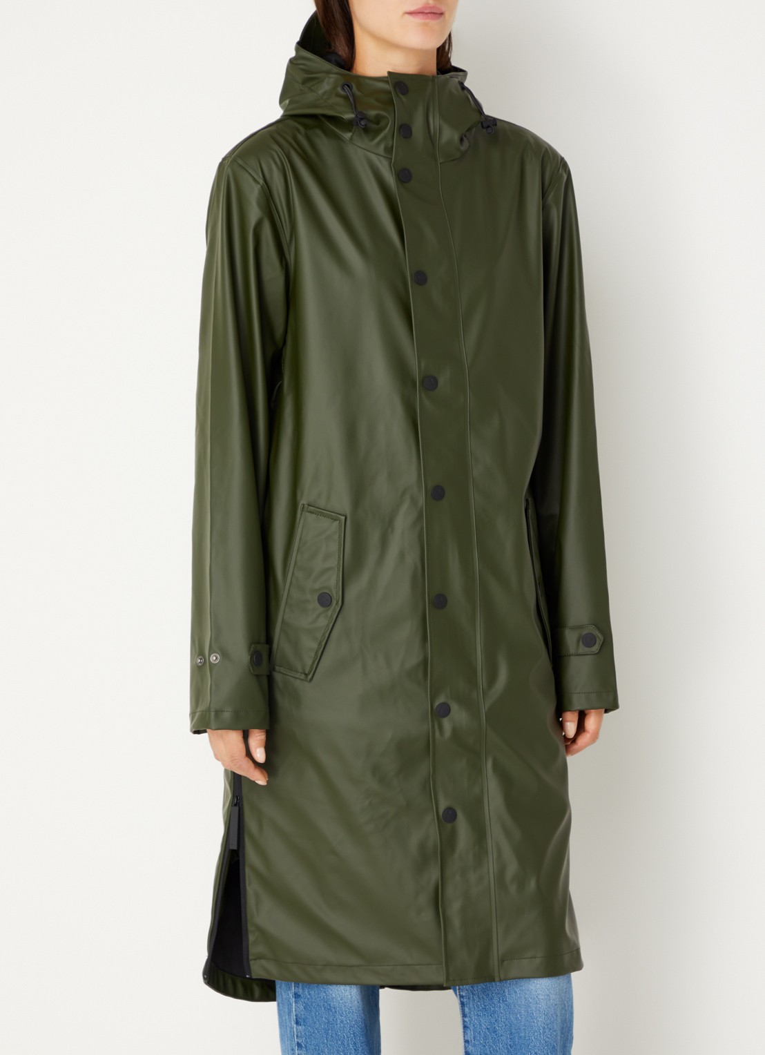 Maium Longline regenjas met capuchon - unisex - detail 3 legergroen